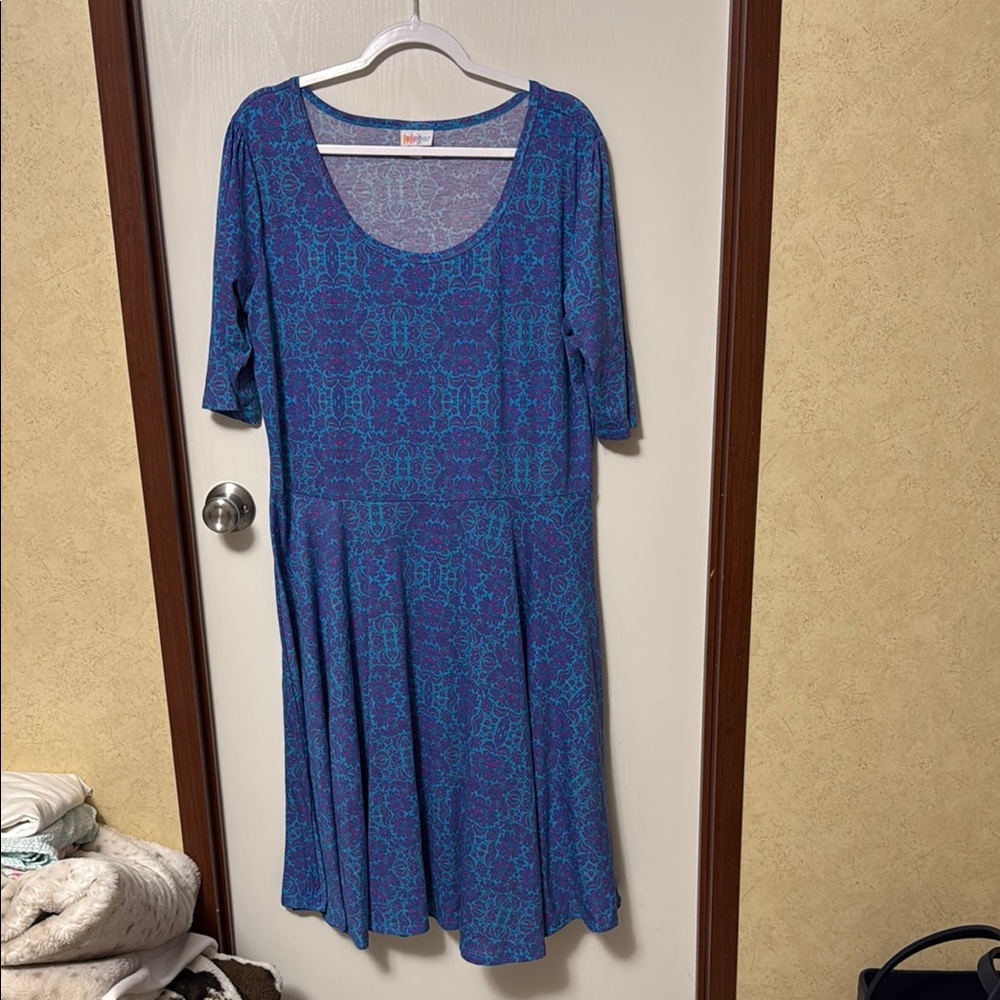 LuLaRoe Blue and Purple Patterned Dress Size 3XL